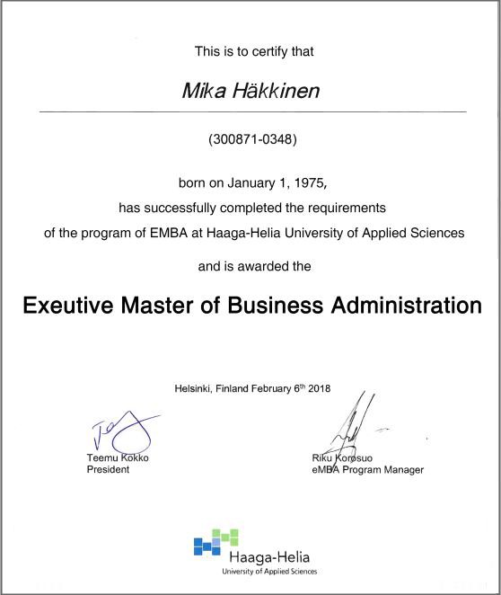 芬兰哈格哈里亚大学EMBA证书样本